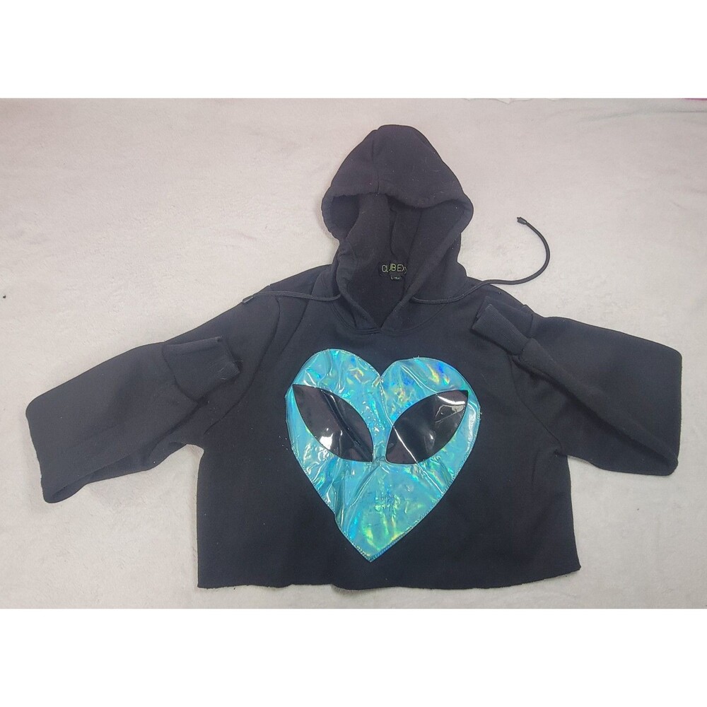 Club Exx Black Alien Cropped Hoodie Stranger Rings Holographic Heart Graphic Sm